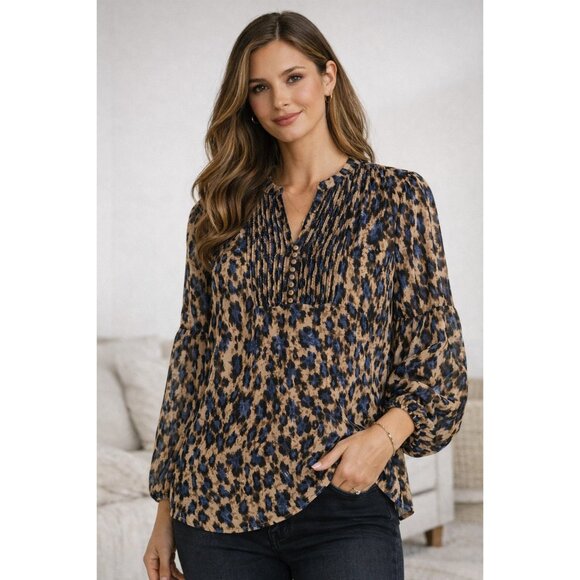 Chico's Tops - Chicos Sz 1 (M) Blue Brown Animal Print Sheer Blouse LS Pintuck Button Front
